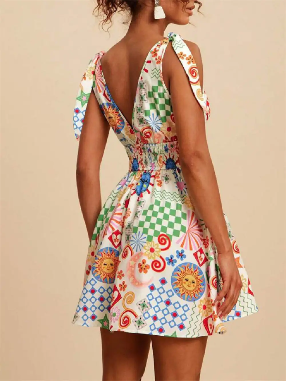 Printed V Neck Smocked Mini Dress