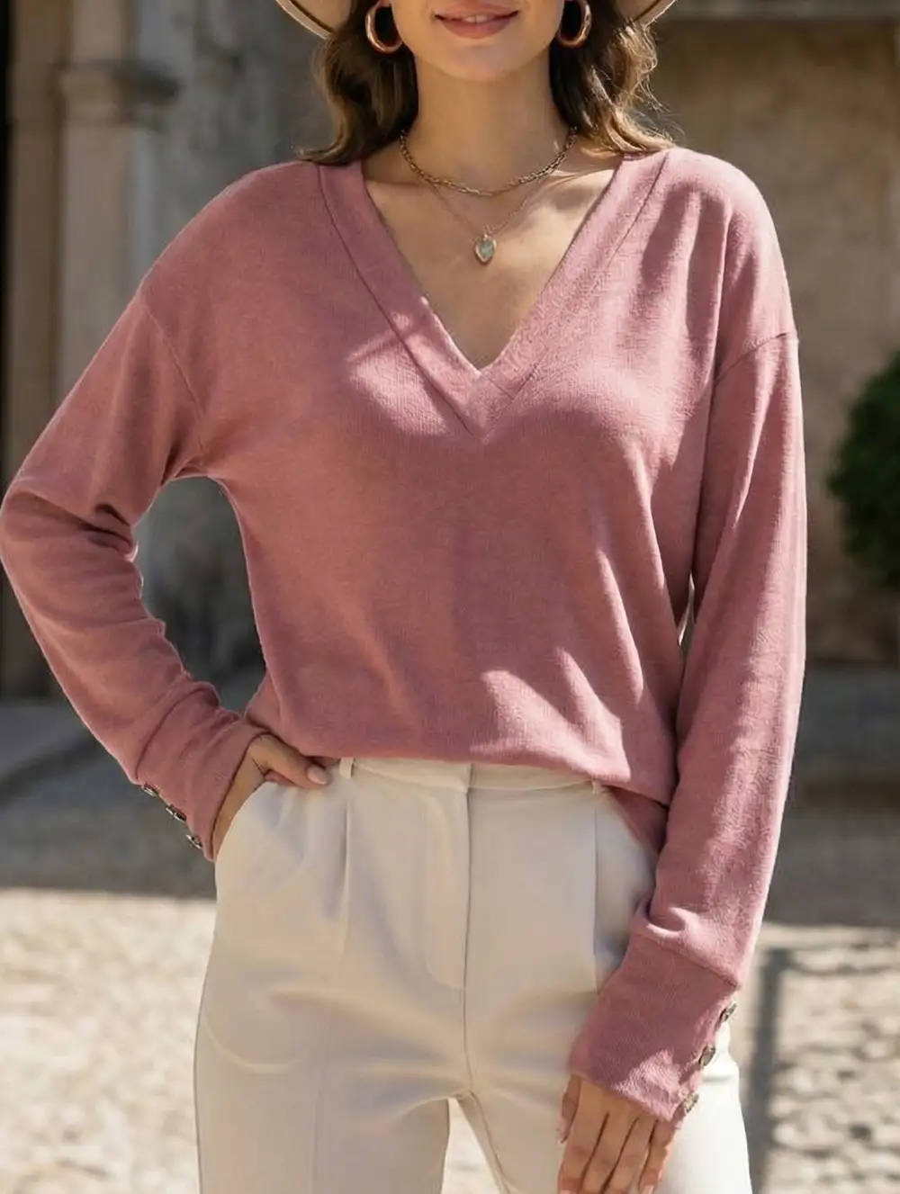 V Neck Button Loose Long Sleeve Tee