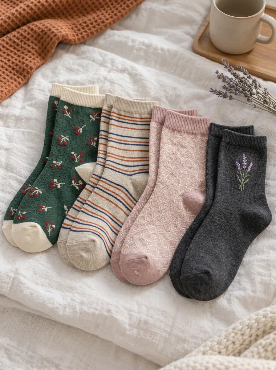 Women's Floral Striped Lavender Printed 4-Pack Socks