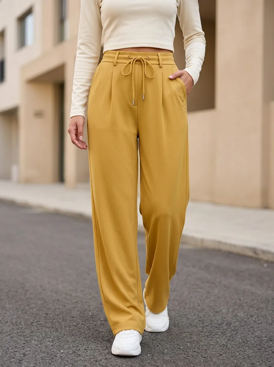 Women's Casual Minimalist Floral Embroidered Drawstring Trousers