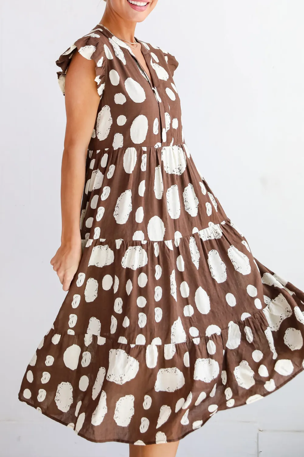 Brown Dotted Tiered Midi Dress