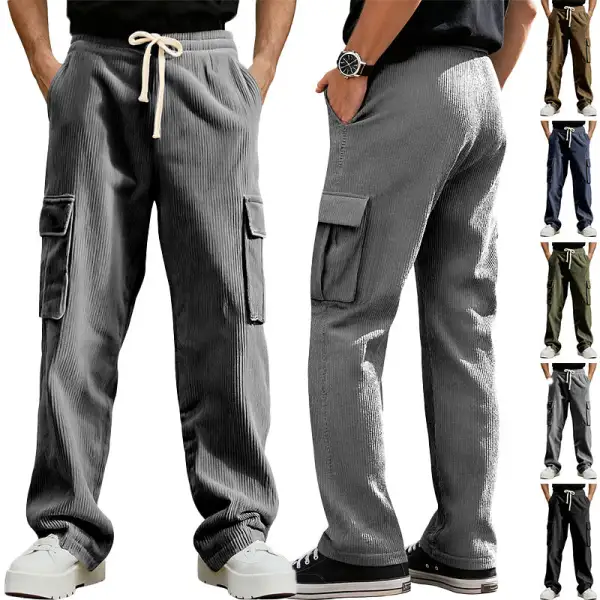 Men's Casual Corduroy Cargo Pants Waist Straight Leg Pockets