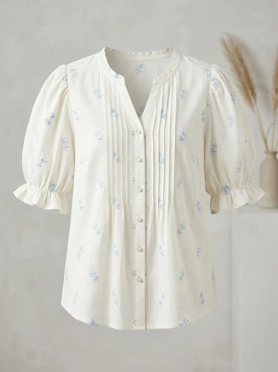Embroidered Button-Front Floral Pintuck Women's Puff-Sleeve Blouse