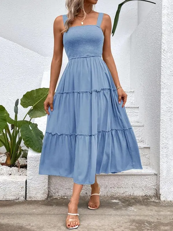 Women'S Frill Trim Ruffle Hem Shirred Backless Sundress Cami Dress, Sleeveless A Line Long Dress, Women'S Clothing For Summer Beach Holiday, Boho Clothes Women, Vintage Girly Clothes,