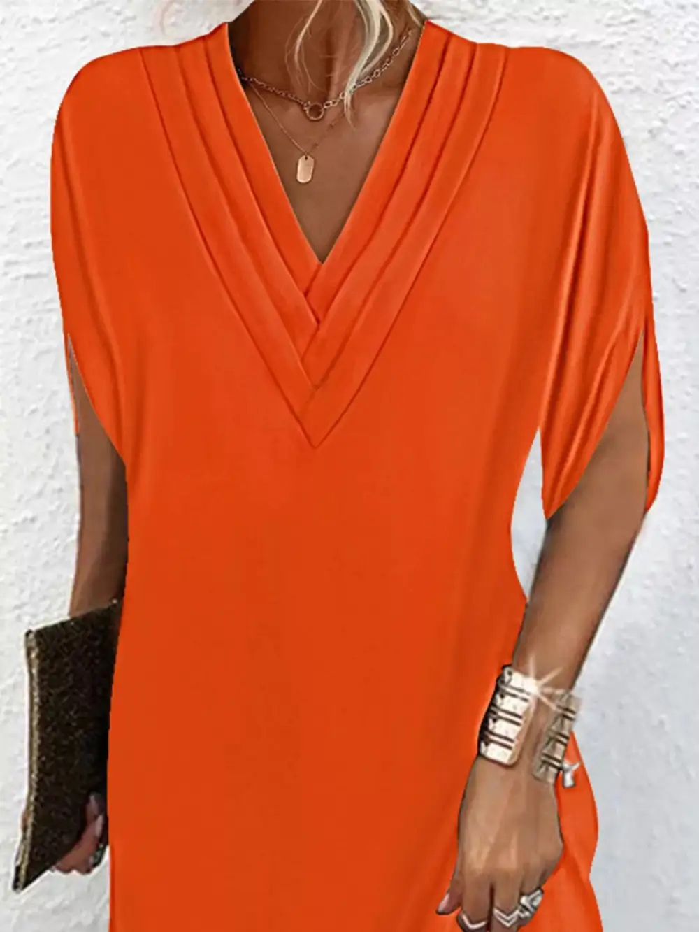 V-Neck Side Slit Mini Dress