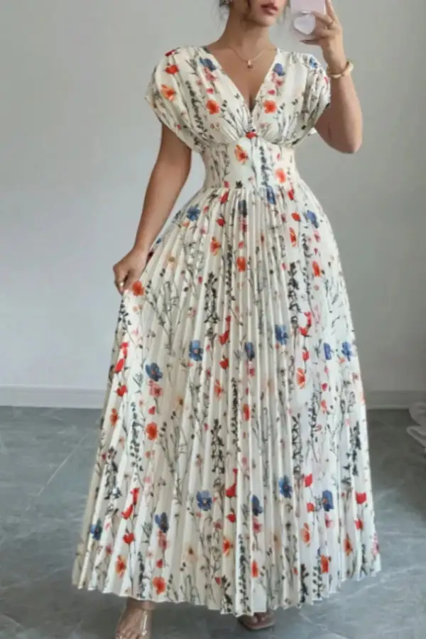 Floral Printed Pleated Maxi Dress