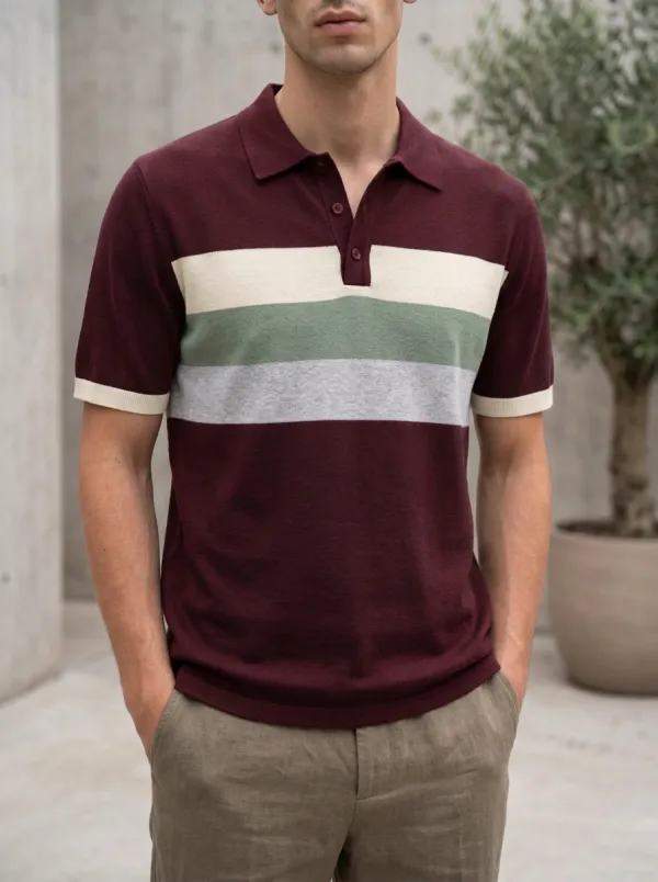 Men's Casual Style Colorblock Striped Pattern Knitted Polo Shirt