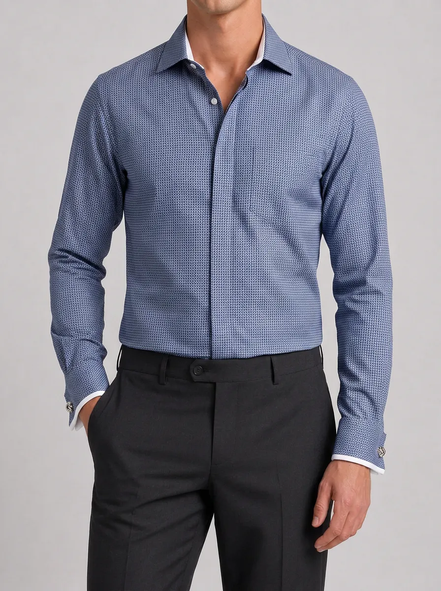 Men's Business Casual Blue Geometric Pattern Printed Dress Shirt