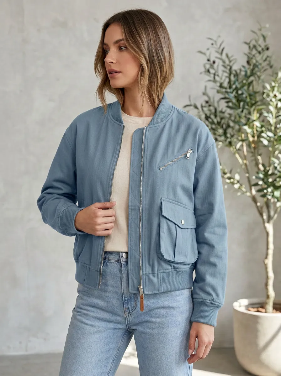 Zip-Front Denim-Style Minimal Women's Casual Jacket