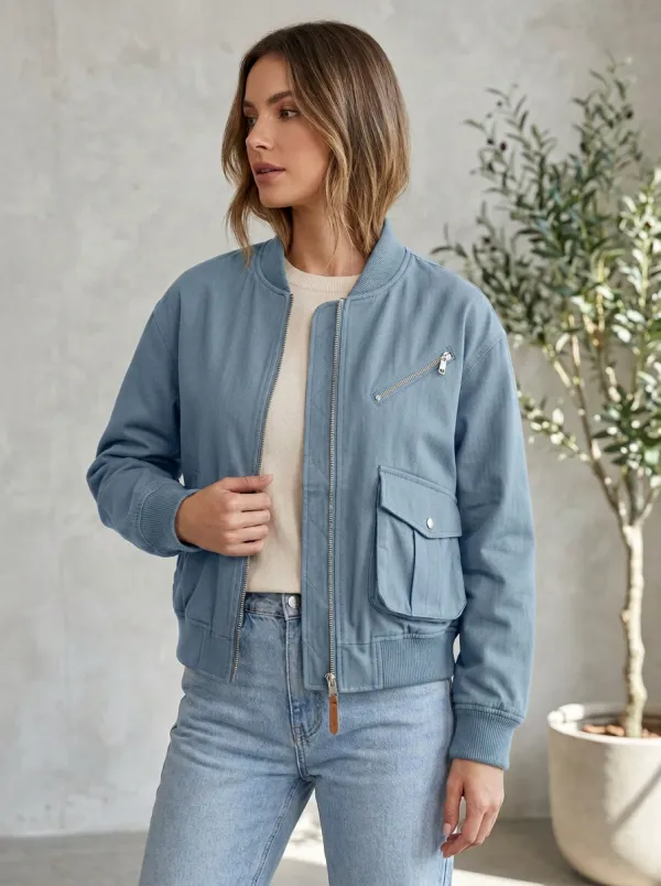 Zip-Front Denim-Style Minimal Women's Casual Jacket