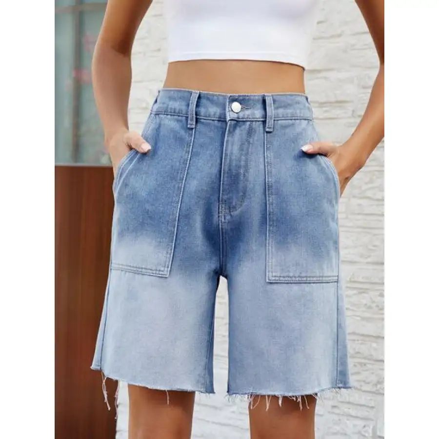 Buttoned Raw Hem Denim Shorts with Pockets