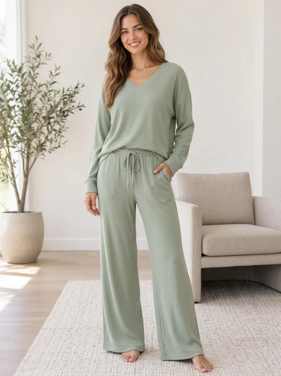 Modern Homewear Women's Ribbed Wide Leg Lounge Set