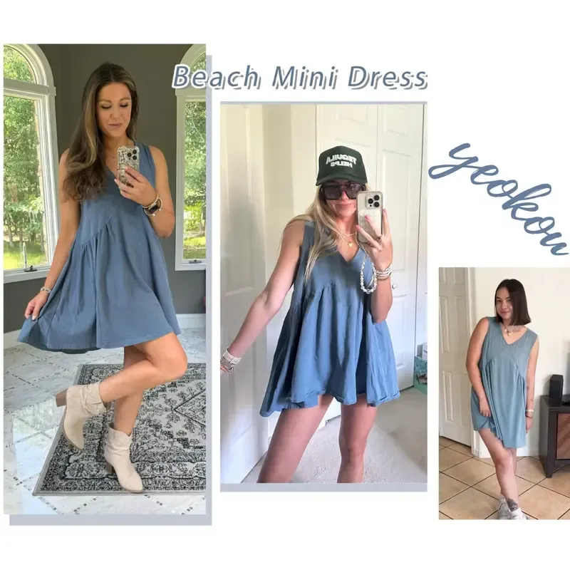 Women's Sleeveless Mini Dress Casual Loose V Neck Sundress with Pockets