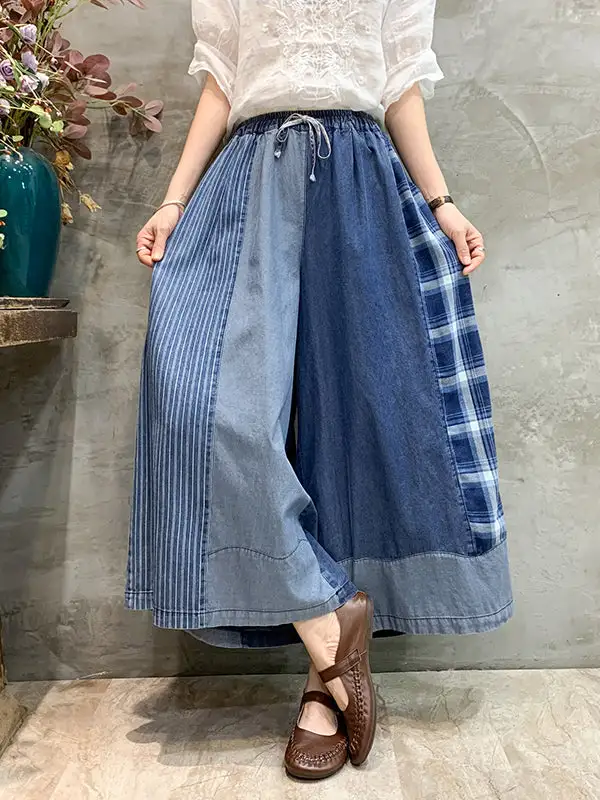 Plaid Relaxed Fit Wide Leg Ankle Length Seamed Drawstring Elastic Waist Jeans
