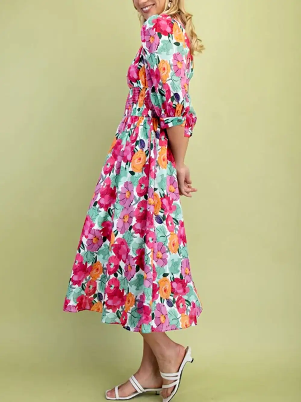 Polished Detail Floral Printed V Neck Dress