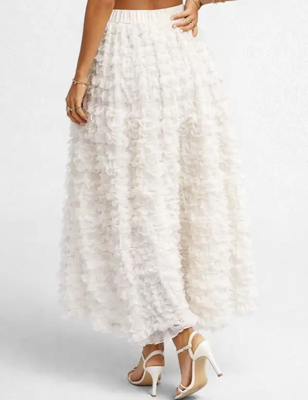 Elastic Waist Tiered Ruffle Gathered Mesh Maxi Skirt