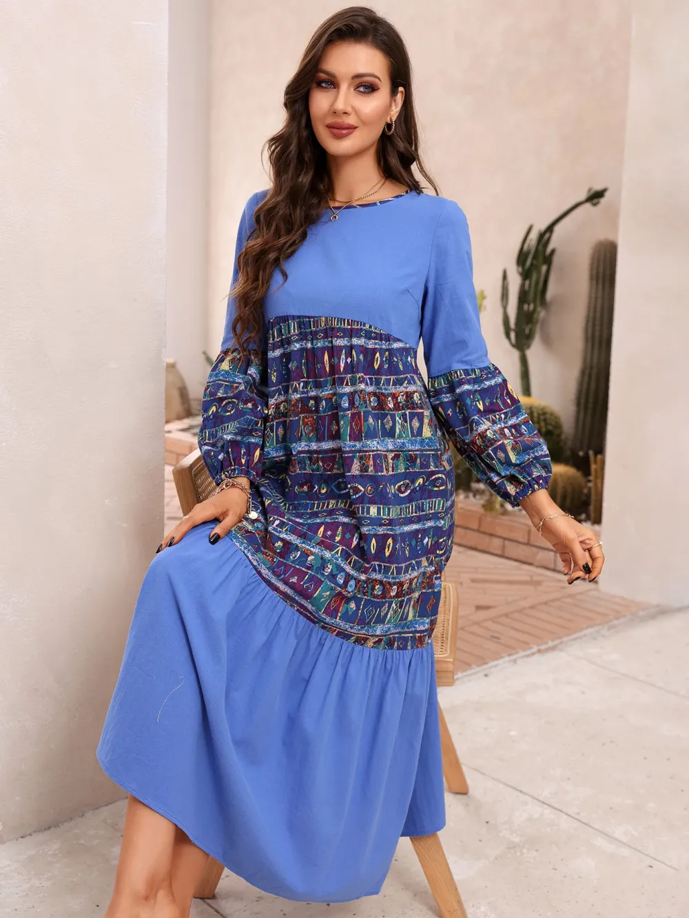 Geo Print Lantern Sleeve Dress