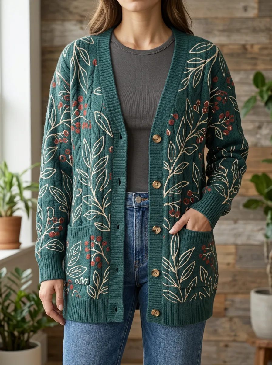 Women's Botanical Nature Lover Berry Leaf Printed V-Neck Relaxed Layering Cardigan