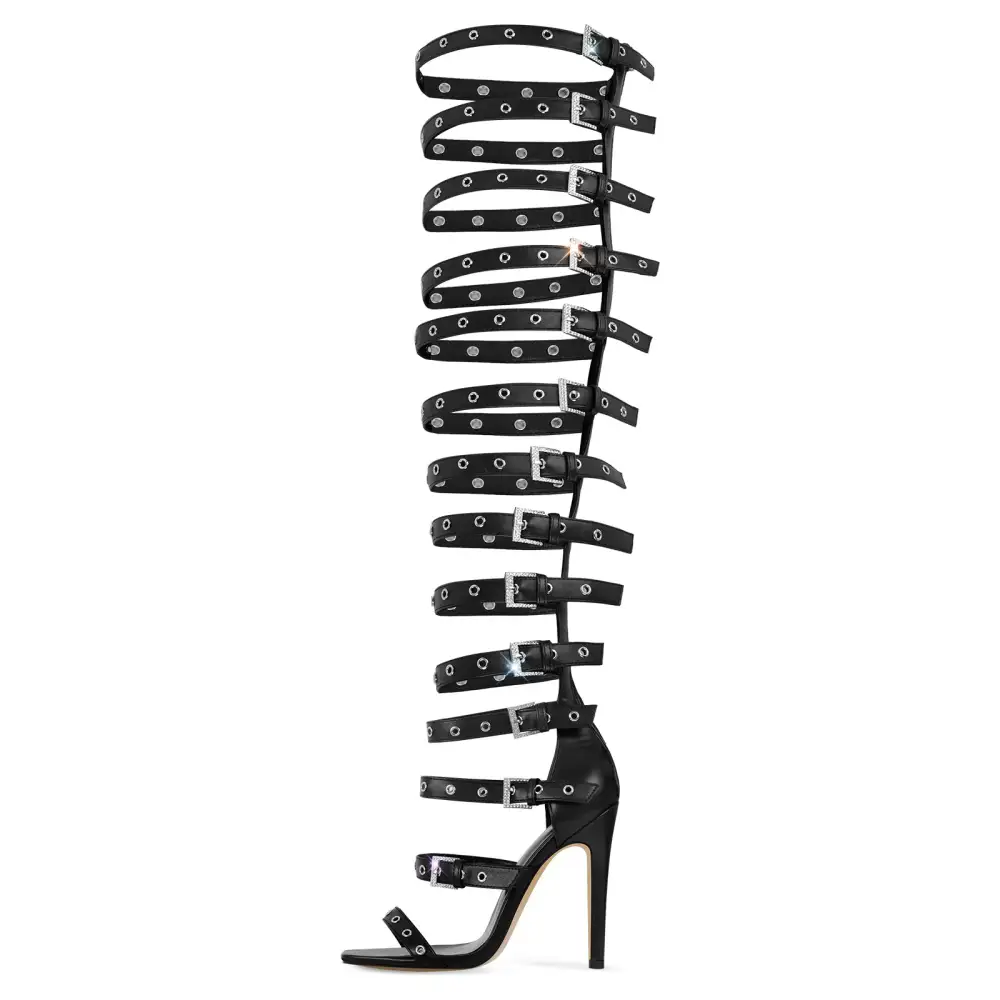 Denim Hollow Buckle Strap Thigh Stiletto Bootie Sandals