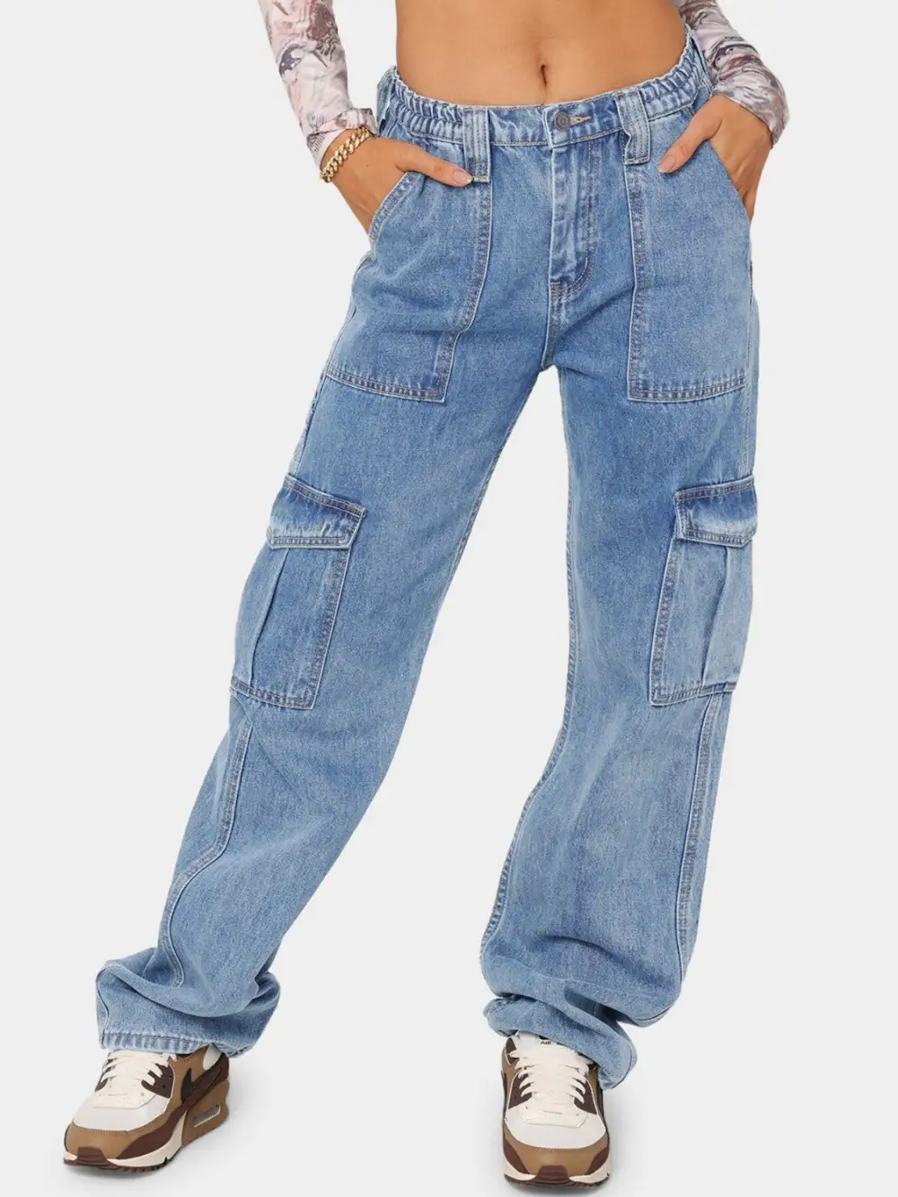 Laid-Back Washed Pocketed Stretch Straight Leg Jeans