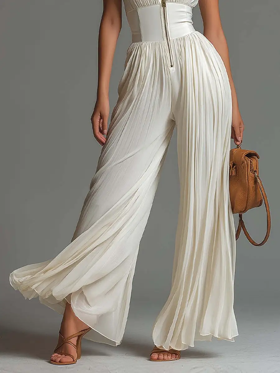 High Waisted Sleeveless Pleated Solid Color Zipper V