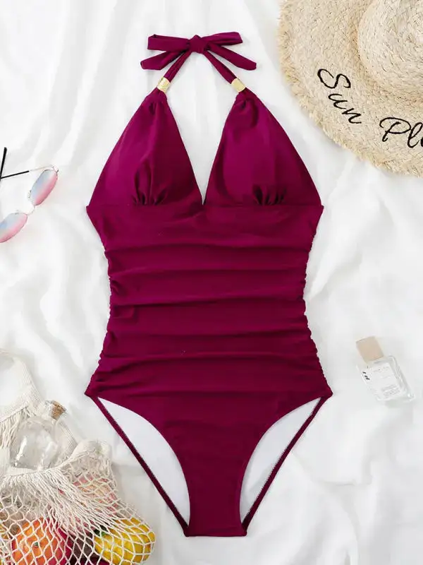 Modest Halter Backless One Piece Swimsuit
