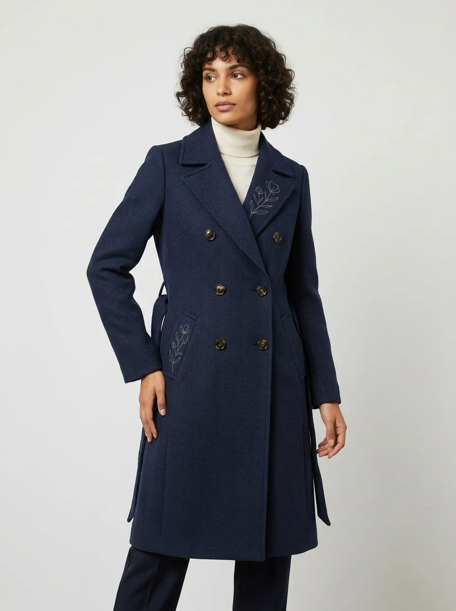 Women's Floral Embroidered Navy Herringbone Coat