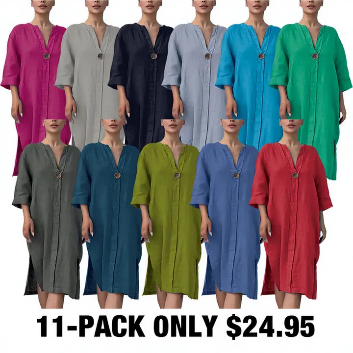 11PACK-Solid Color Buttoned Cotton And Linen Loose Dress