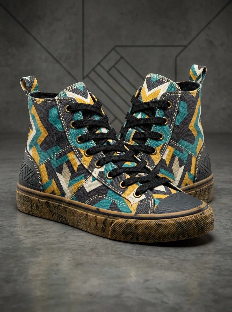 Men's Geometric Pattern Teal Yellow Printed Canvas High-Top Shoes