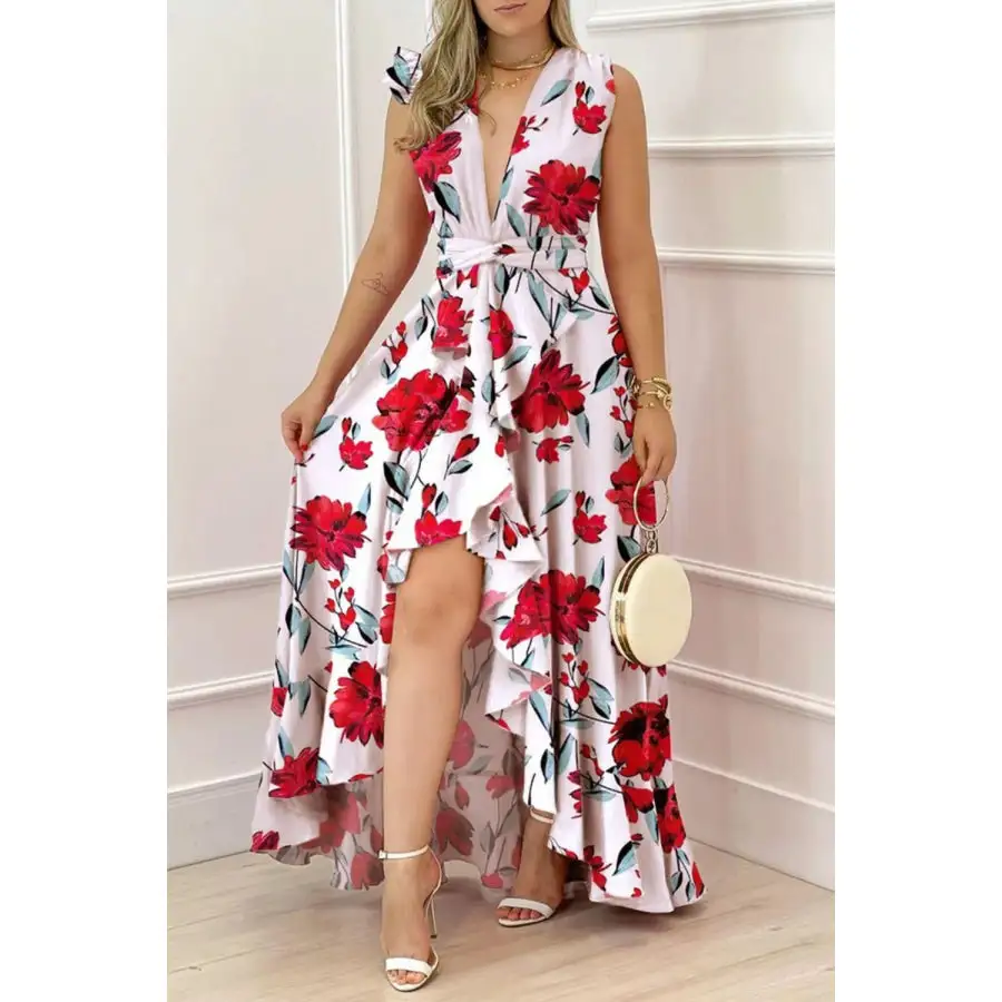 Ruffled Plunge Sleeveless Maxi Dress