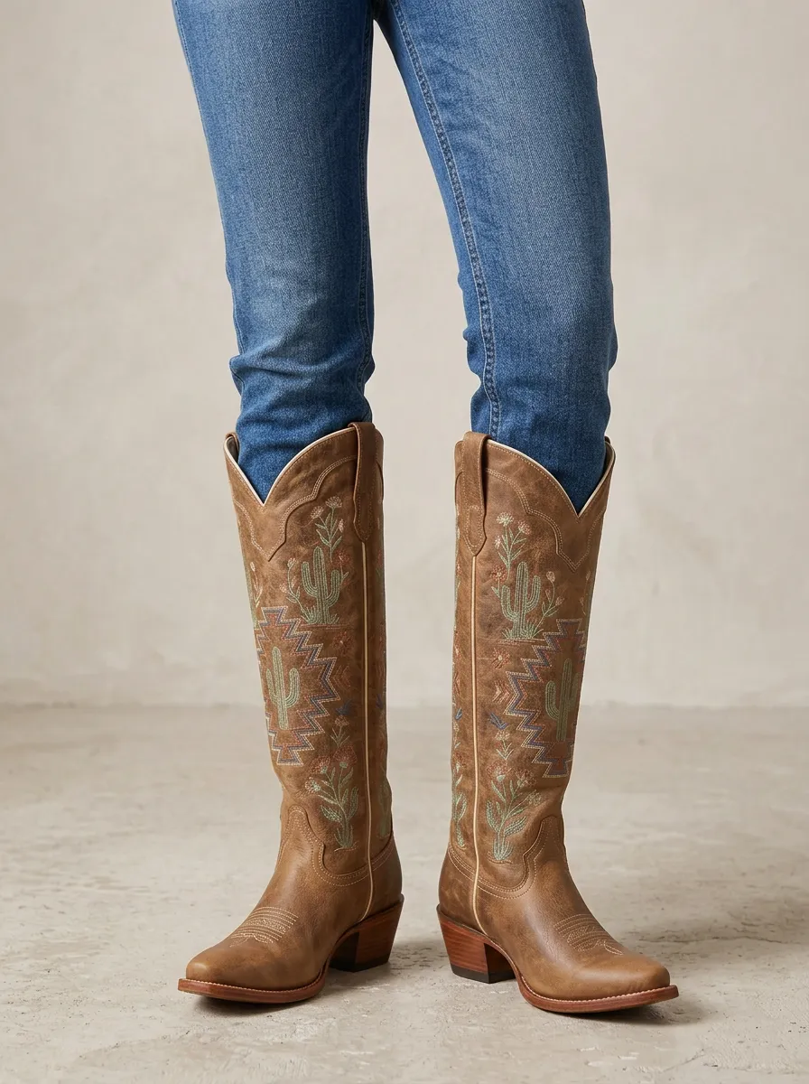 Women's Western Cactus Floral Geometric Embroidered Piped Block-Heel Denim Over-the-Knee Boots
