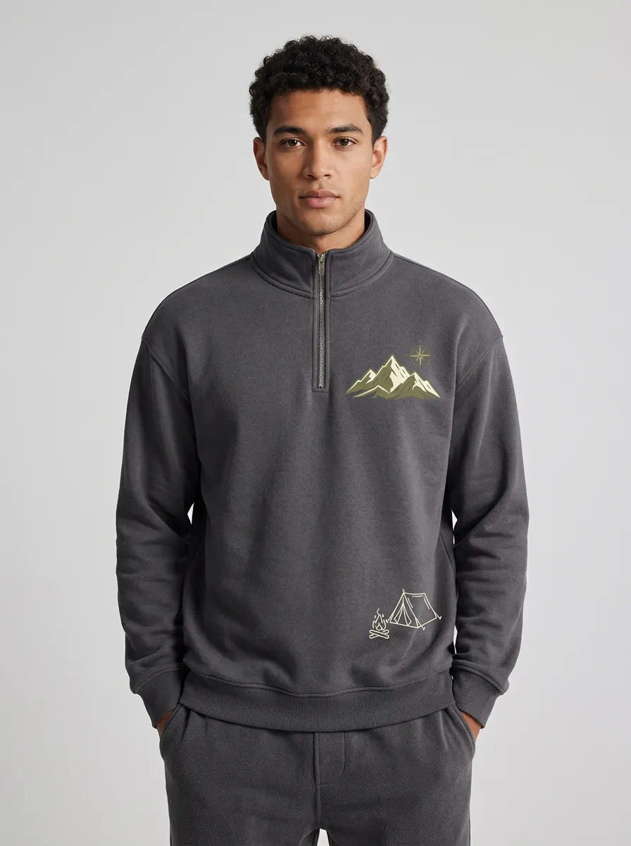 Men's Outdoor Camping Mountain Compass Graphic Quarter-Zip-Neck Sweatshirt