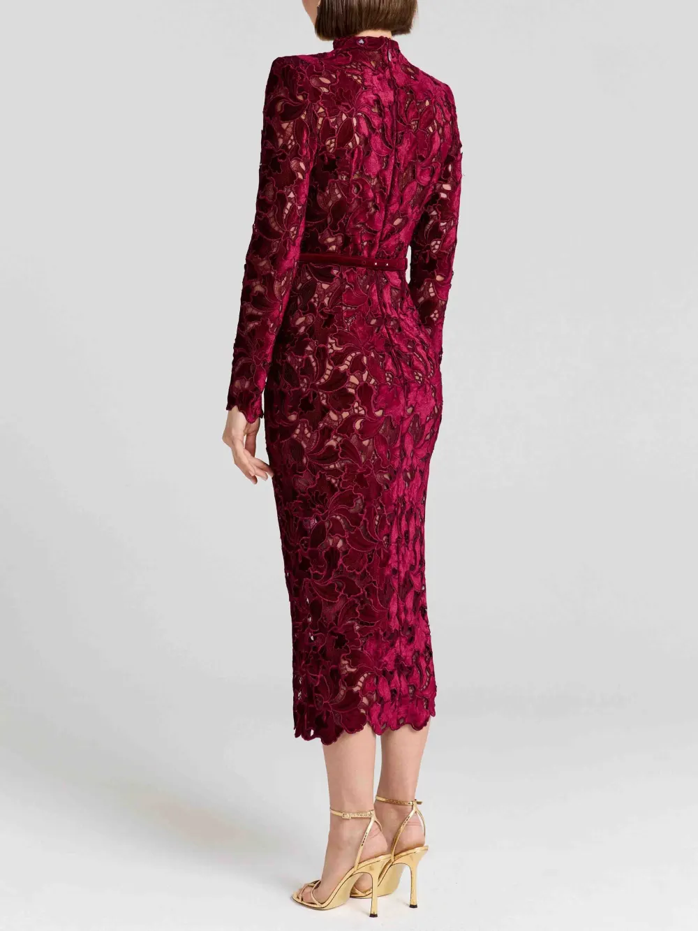 Elegant Embroidered Lace High Neck Midi Dress