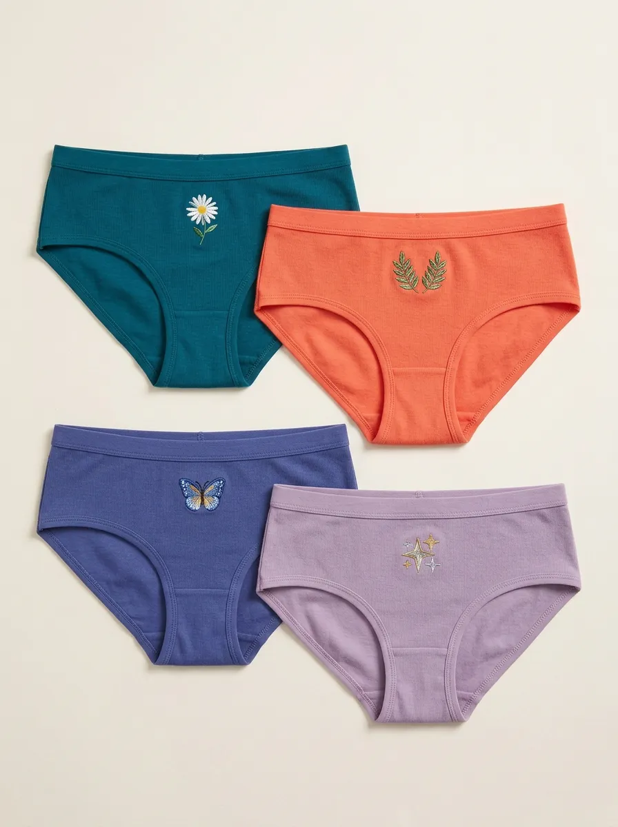Women's Mid-Rise Ribbed Center-Front Butterfly Floral Leaf Embroidered Briefs Four Pack