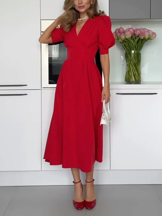 Elegant V Neck Puff Short Sleeve Midi Dress