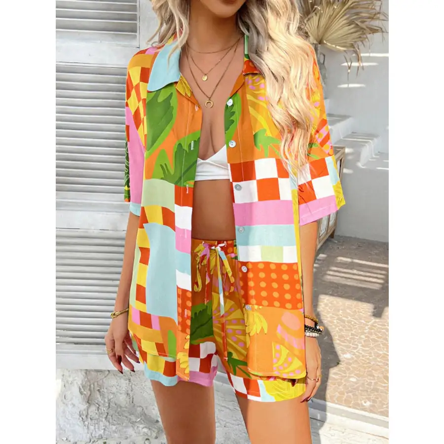 Printed Collared Neck Half Sleeve Top and Shorts Set