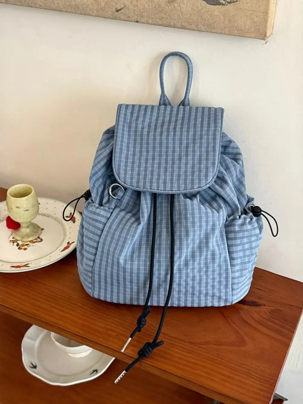 Drawstring Plaid Backpack