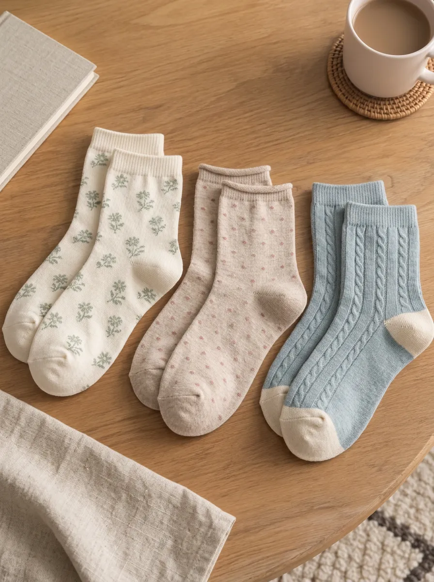 Women's Assorted Floral Polka Dot Cable Knit Ribbed Contrast Detail Printed 3-Pack Crew Sock Set