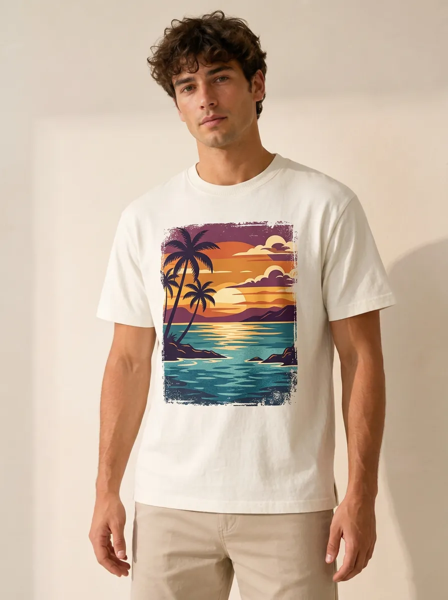 Men's Chest Graphic Distressed Sunset Graphic Crewneck T-Shirt
