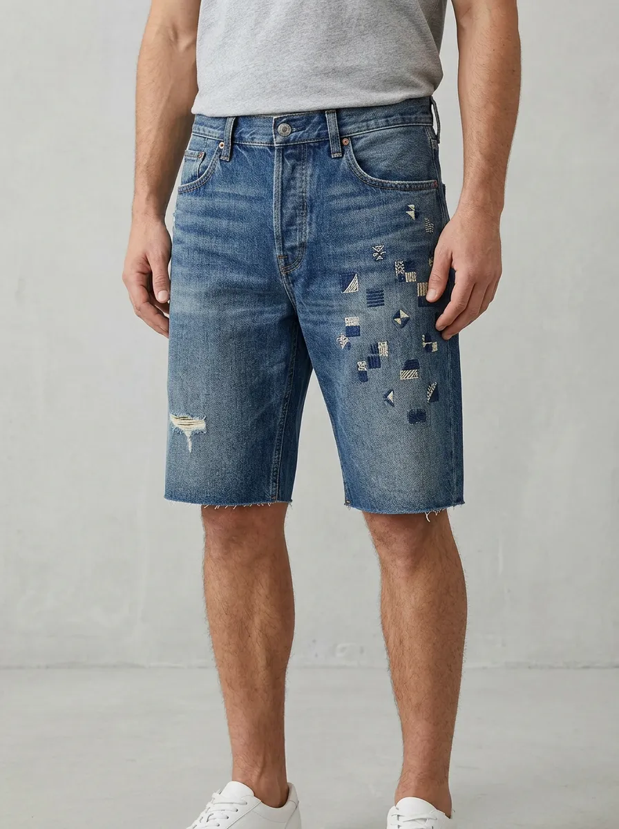 Men's Classic Patchwork Geometric Distressed Raw Hem Distressed Denim Shorts