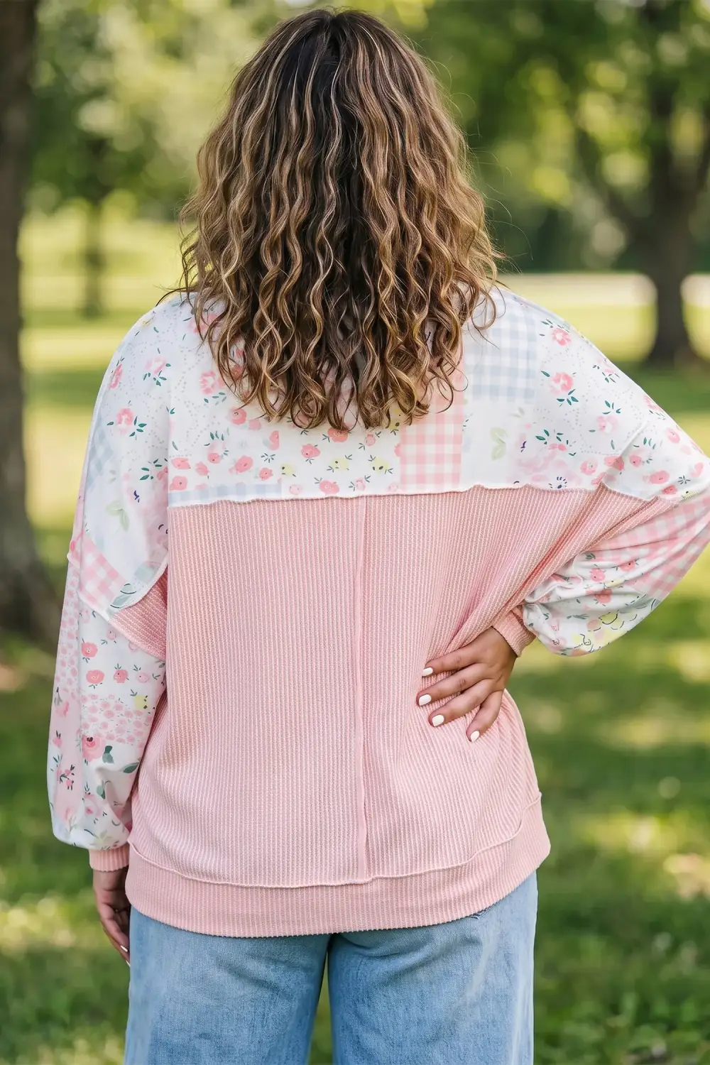 Plaid Ribbed Relaxed Long Sleeve Top