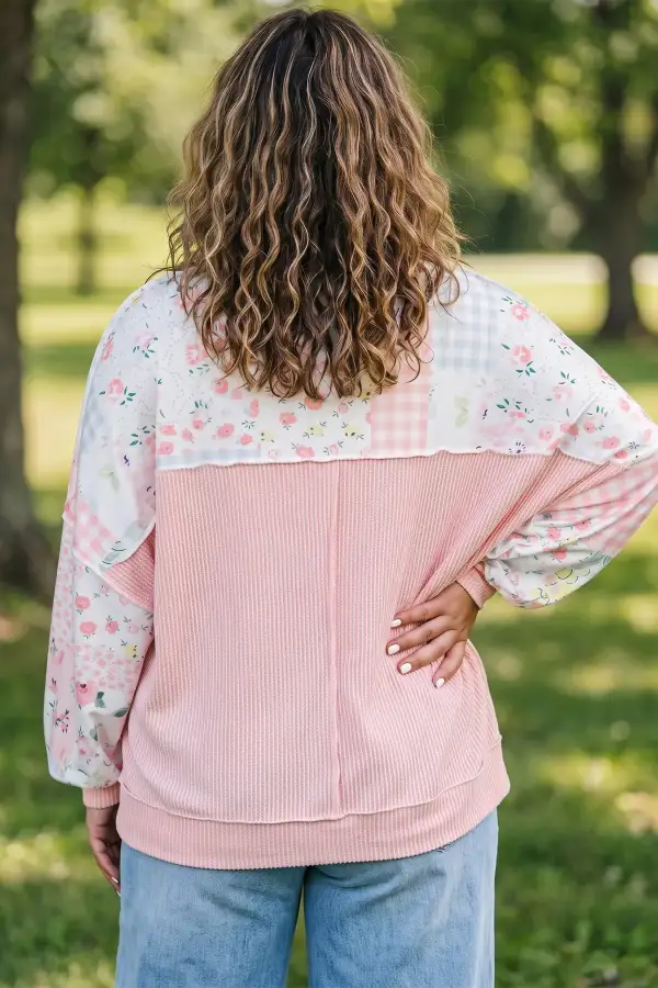 Plaid Ribbed Relaxed Long Sleeve Top