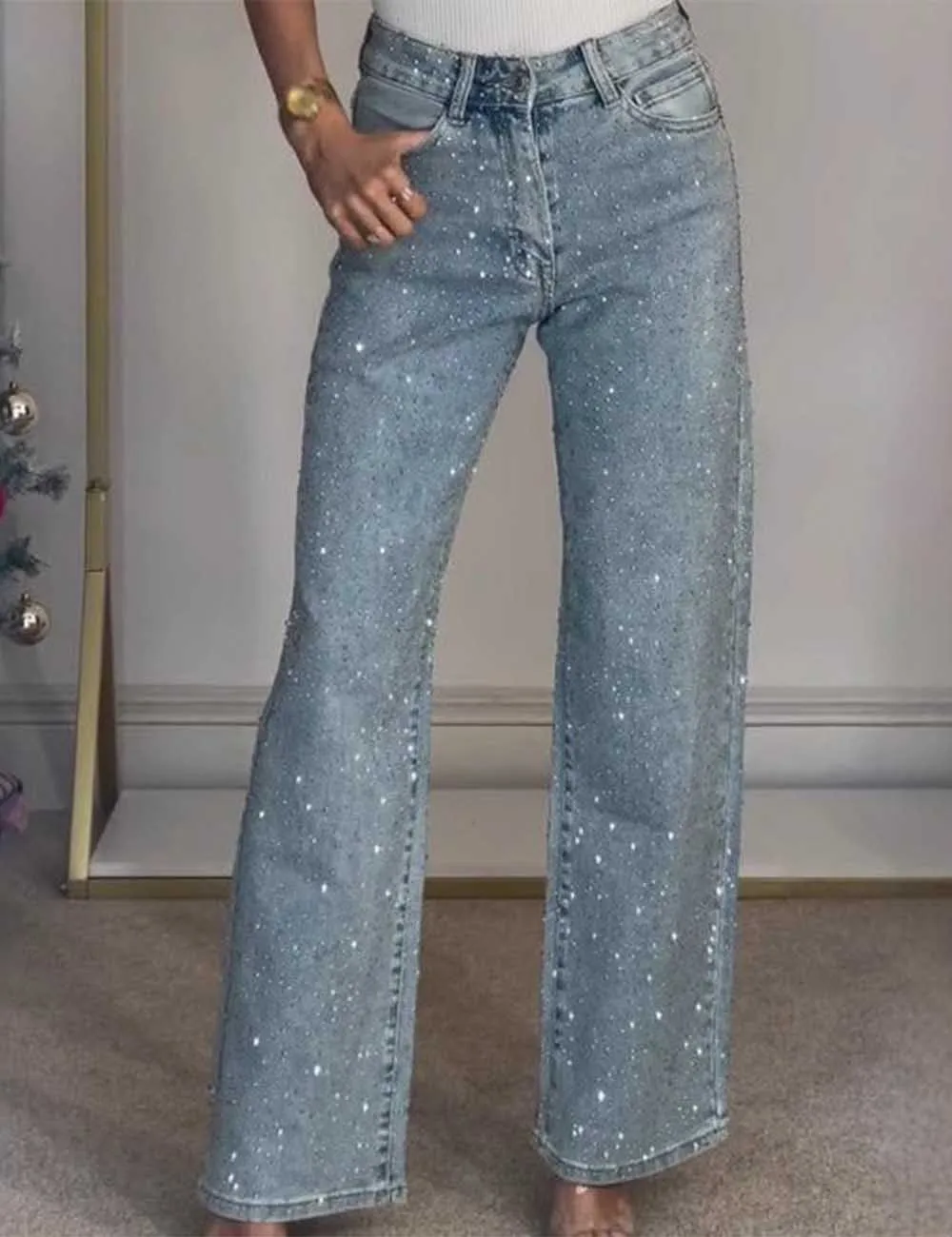 Rhinestone Button Pocket Straight Denim Pants