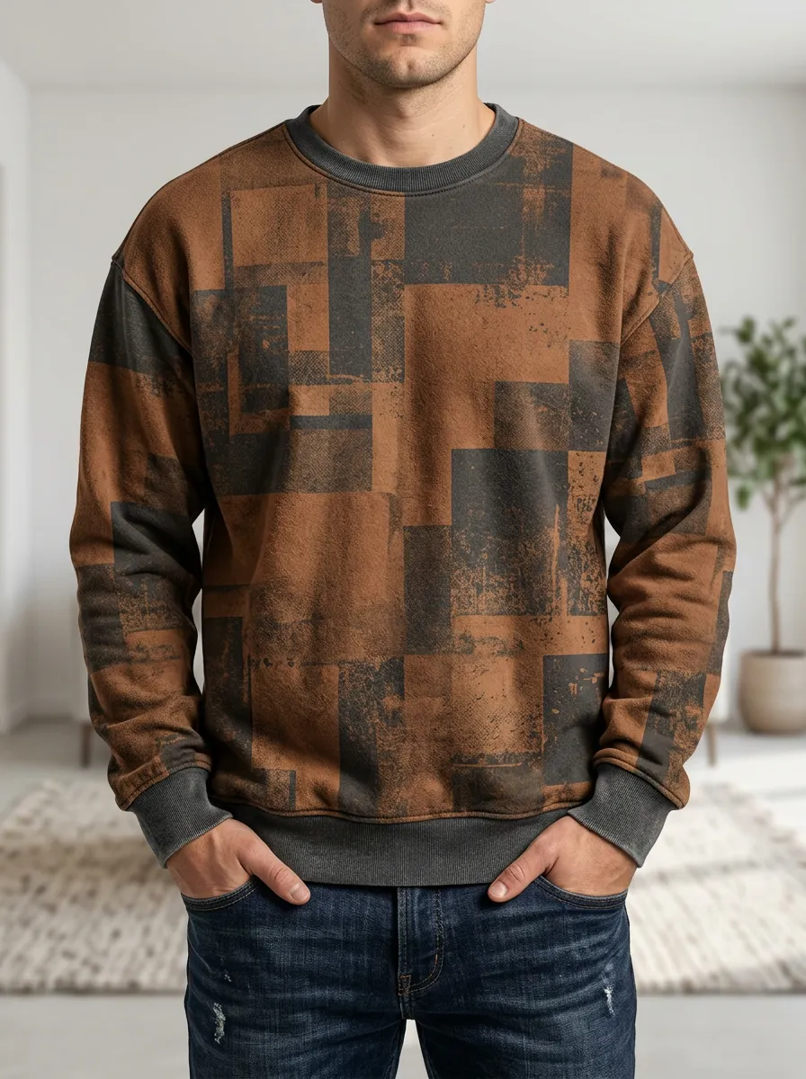 Men's Abstract Geometric Brown Printed Fleece Sweatshirt