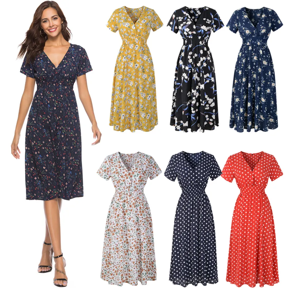 Chiffon Beach Dress Printed V-neck Short Sleeve Bohemian