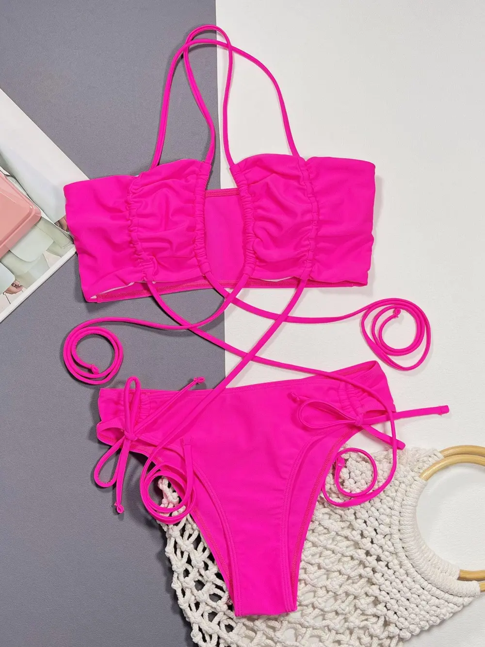 Halter Neck Drawstring Detail Bikini Swim Set