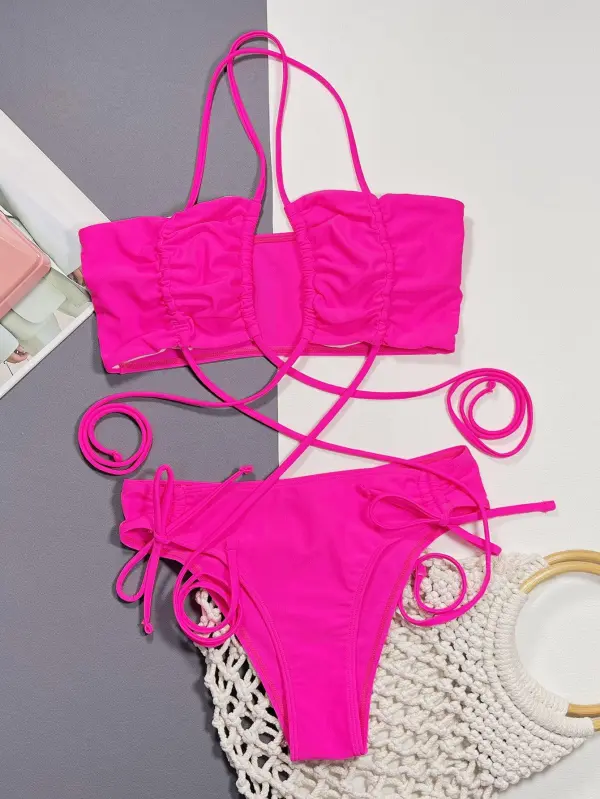 Halter Neck Drawstring Detail Bikini Swim Set