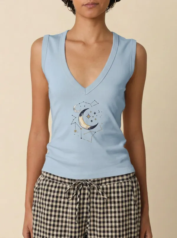 Women's Celestial Lover Moon Stars Constellation Printed V-neck Tank Top