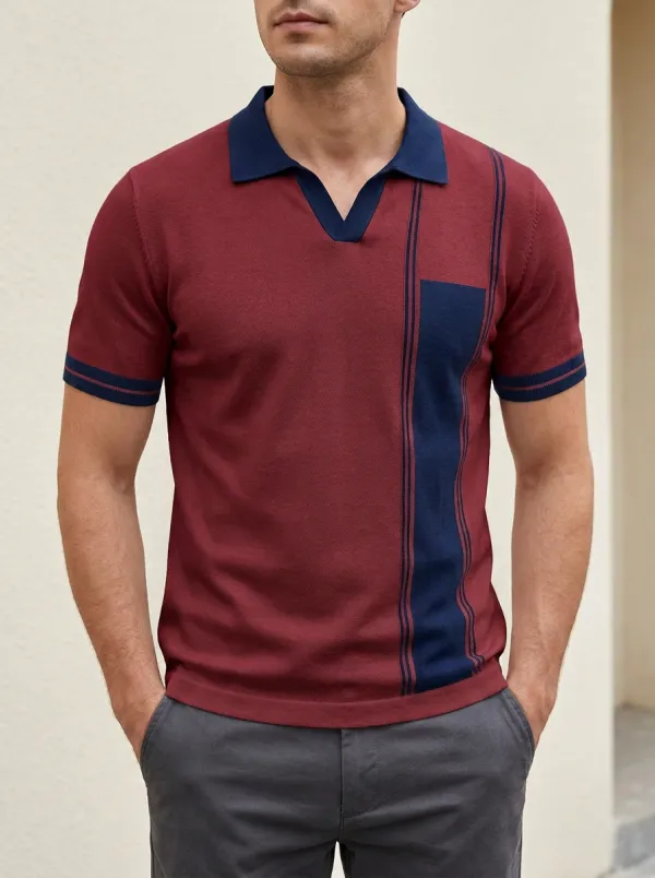 Men's Knit Ribbed Textured Vertical-Stripe Colorblock V-Neck Polo Shirt