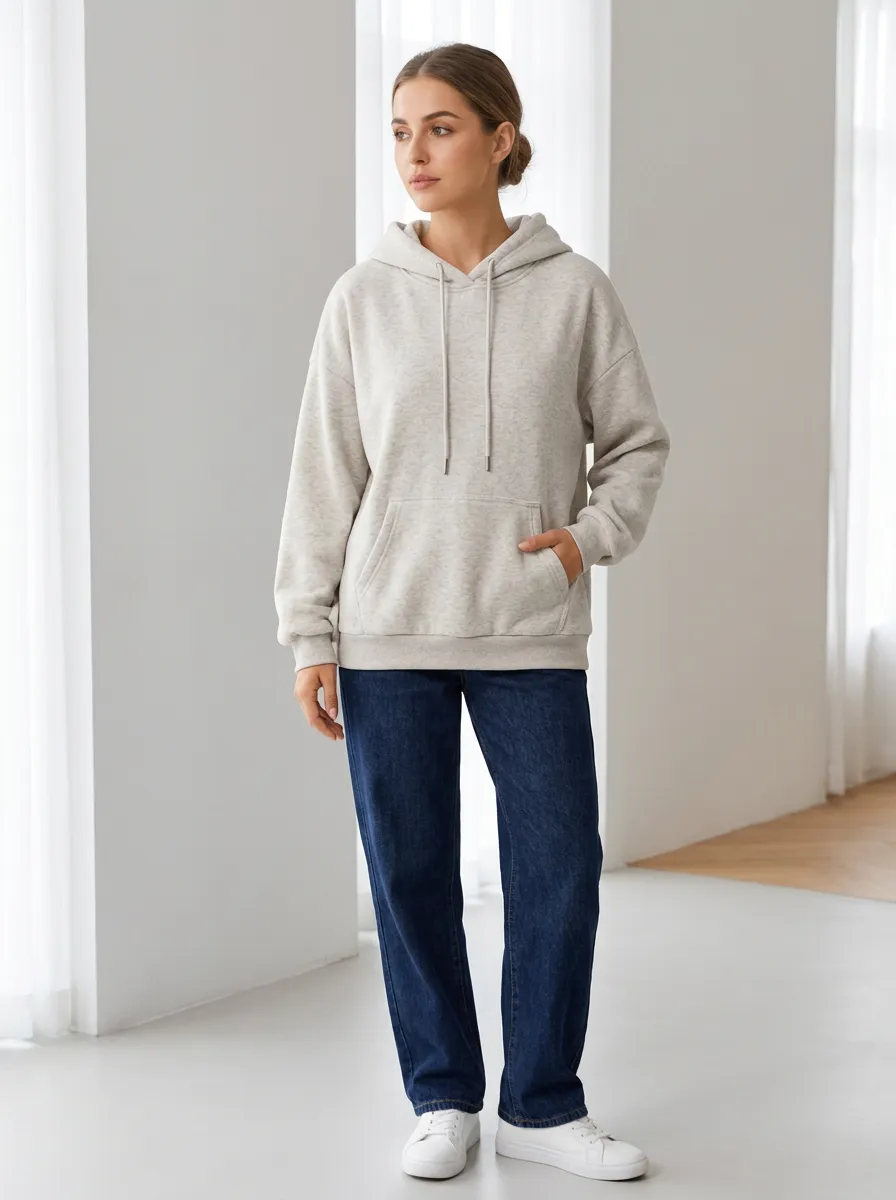 Women's Casual Minimalist Heather Gray Solid Printed Hoodie